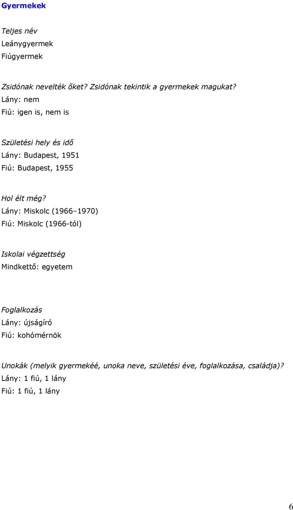 Lány: Miskolc (1966 1970) Fiú: Miskolc (1966-tól) Iskolai végzettség Mindkettő: egyetem Foglalkozás Lány: újságíró