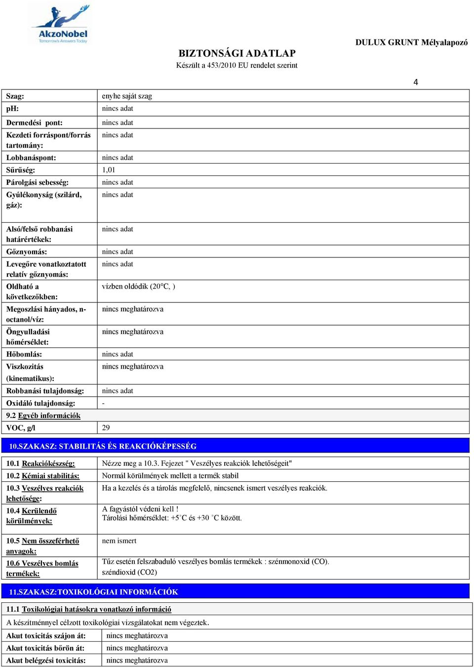 tulajdonság: Oxidáló tulajdonság: - 9.2 Egyéb információk VOC, g/l 29 vízben oldódik (20 C, ) 10.SZAKASZ: STABILITÁS ÉS REAKCIÓKÉPESSÉG 10.1 Reakciókészség: Nézze meg a 10.3.