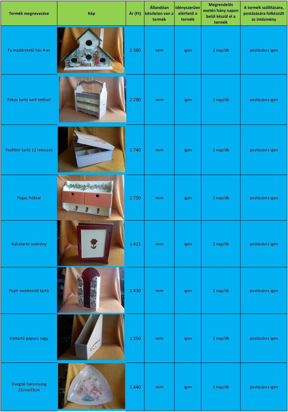 postázásra igen kulcstartó szekrény 1 415 nem igen 2 nap/db postázásra igen Papír zsebkendő tartó 1 430 nem igen 2 nap/db