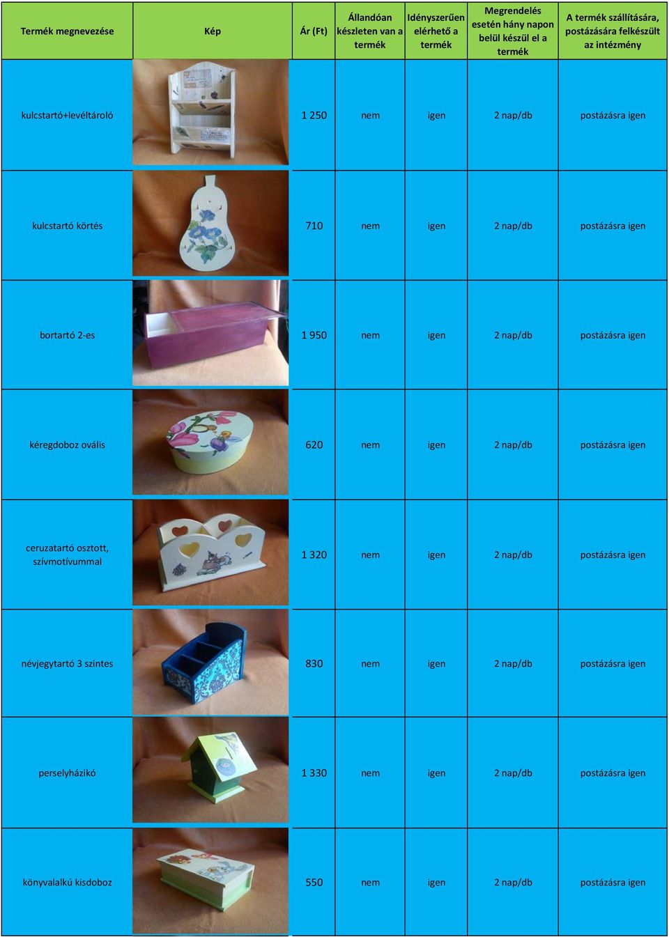 igen ceruzatartó osztott, szívmotívummal 1 320 nem igen 2 nap/db postázásra igen névjegytartó 3 szintes 830 nem igen 2