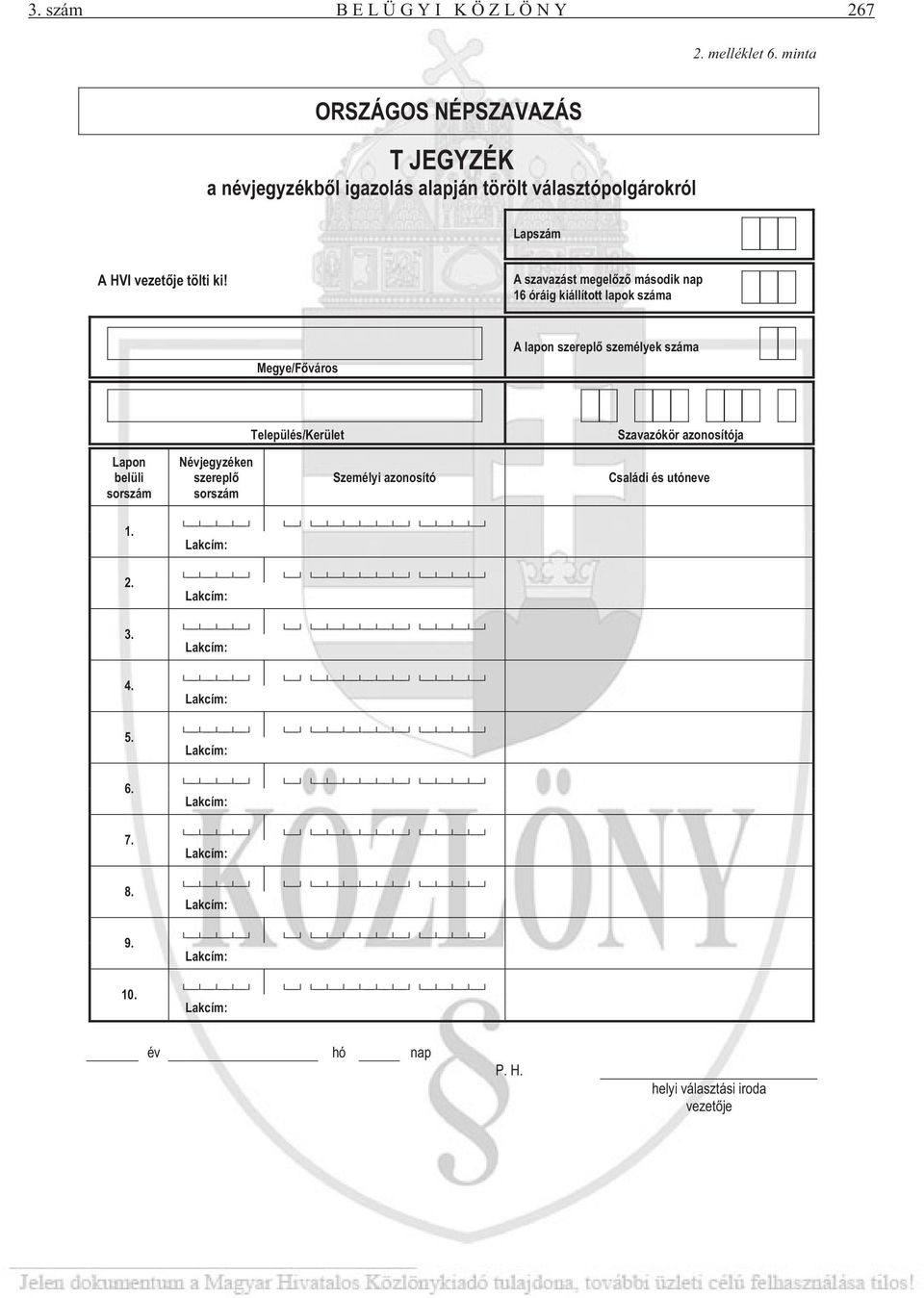 A szavazást megel z második nap 16 óráig kiállított lapok száma Megye/F város A lapon szerepl személyek száma Település/Kerület Szavazókör