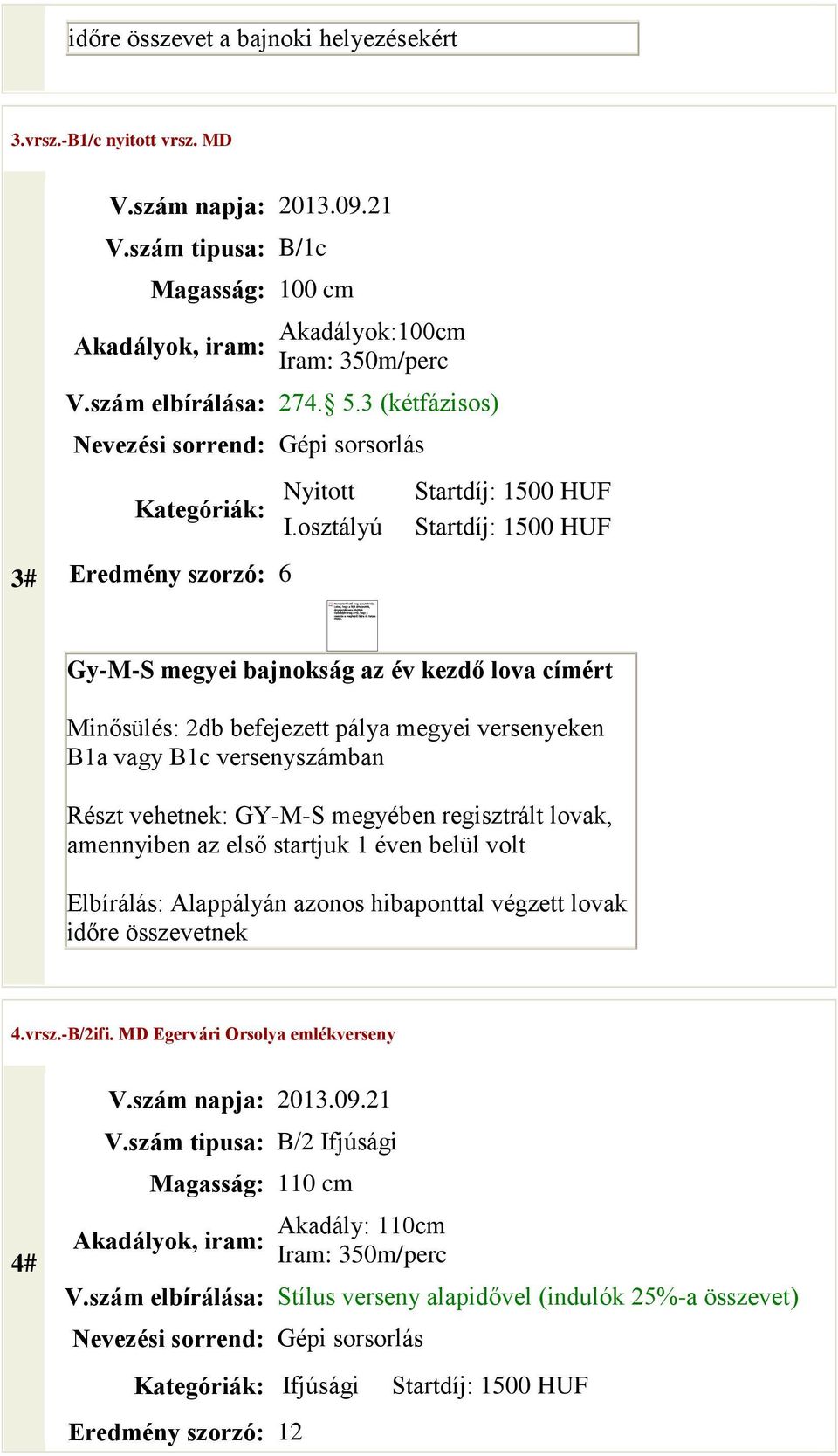 megyében regisztrált lovak, amennyiben az első startjuk 1 éven belül volt Elbírálás: Alappályán azonos hibaponttal végzett lovak időre összevetnek 4.vrsz.-B/2ifi.