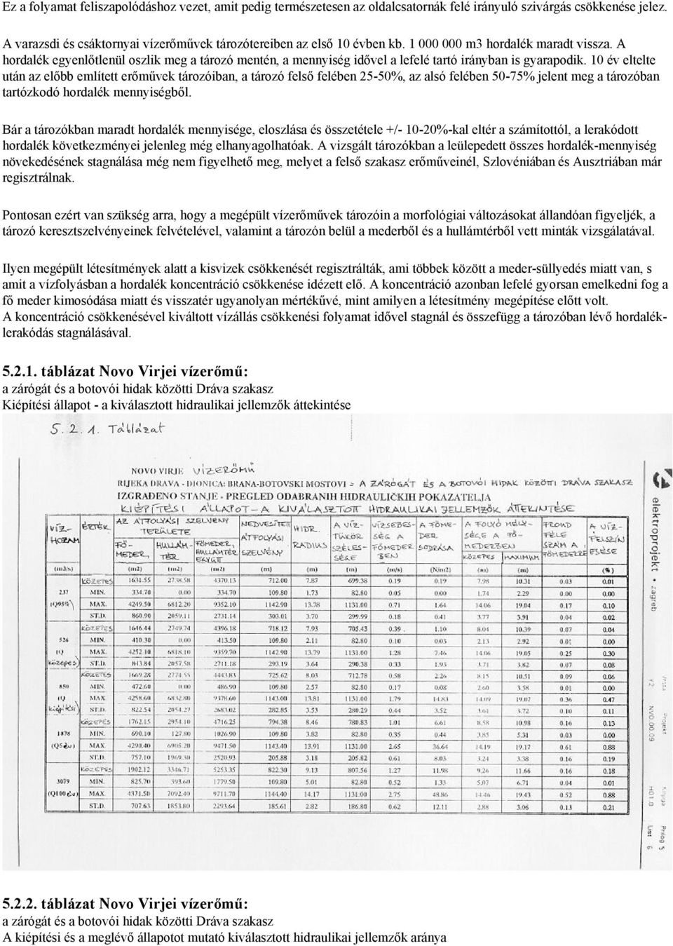 10 év eltelte után az előbb említett erőművek tározóiban, a tározó felső felében 25-50%, az alsó felében 50-75% jelent meg a tározóban tartózkodó hordalék mennyiségből.