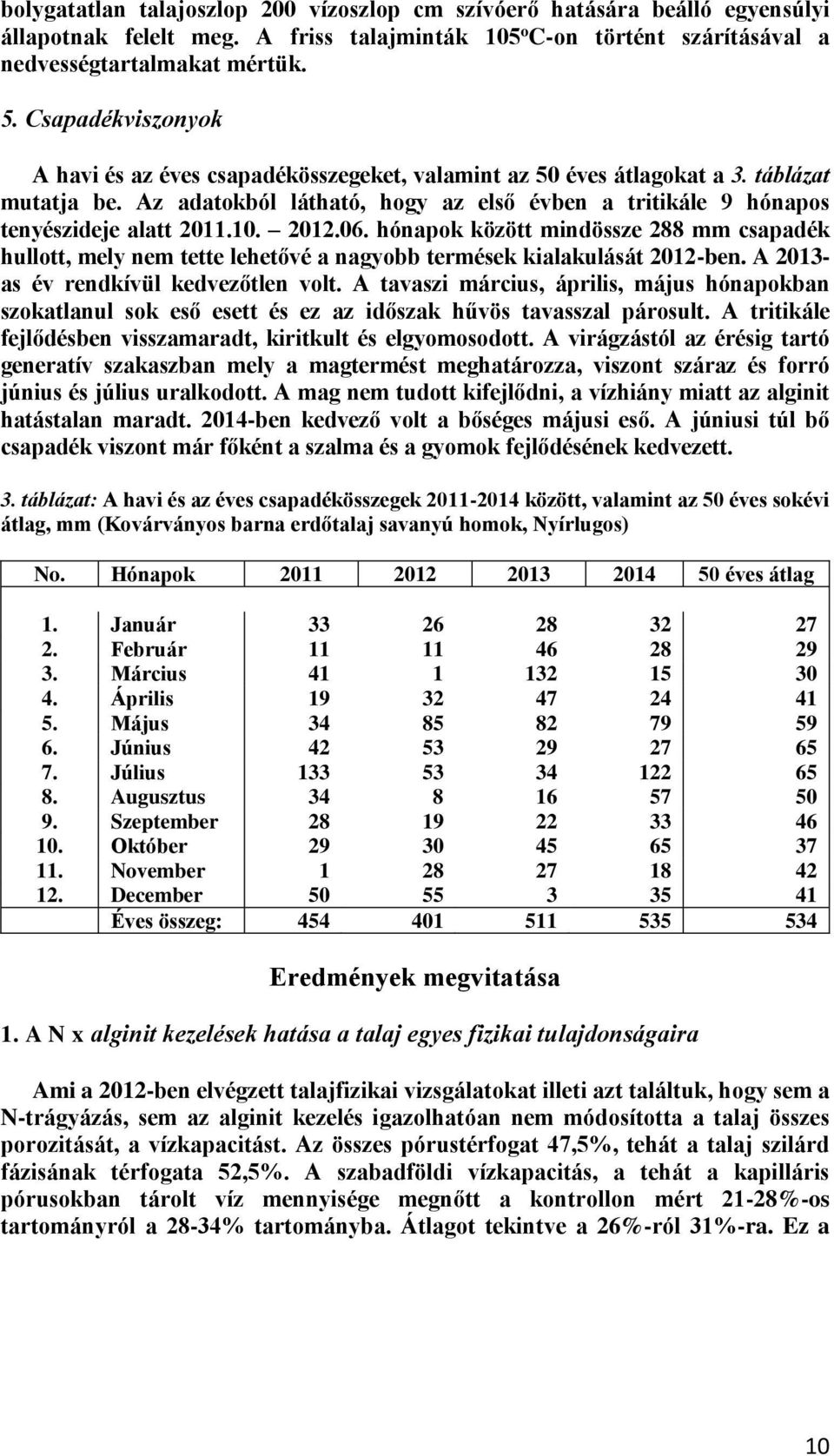 10. 2012.06. hónapok között mindössze 288 mm csapadék hullott, mely nem tette lehetővé a nagyobb termések kialakulását 2012-ben. A 2013- as év rendkívül kedvezőtlen volt.