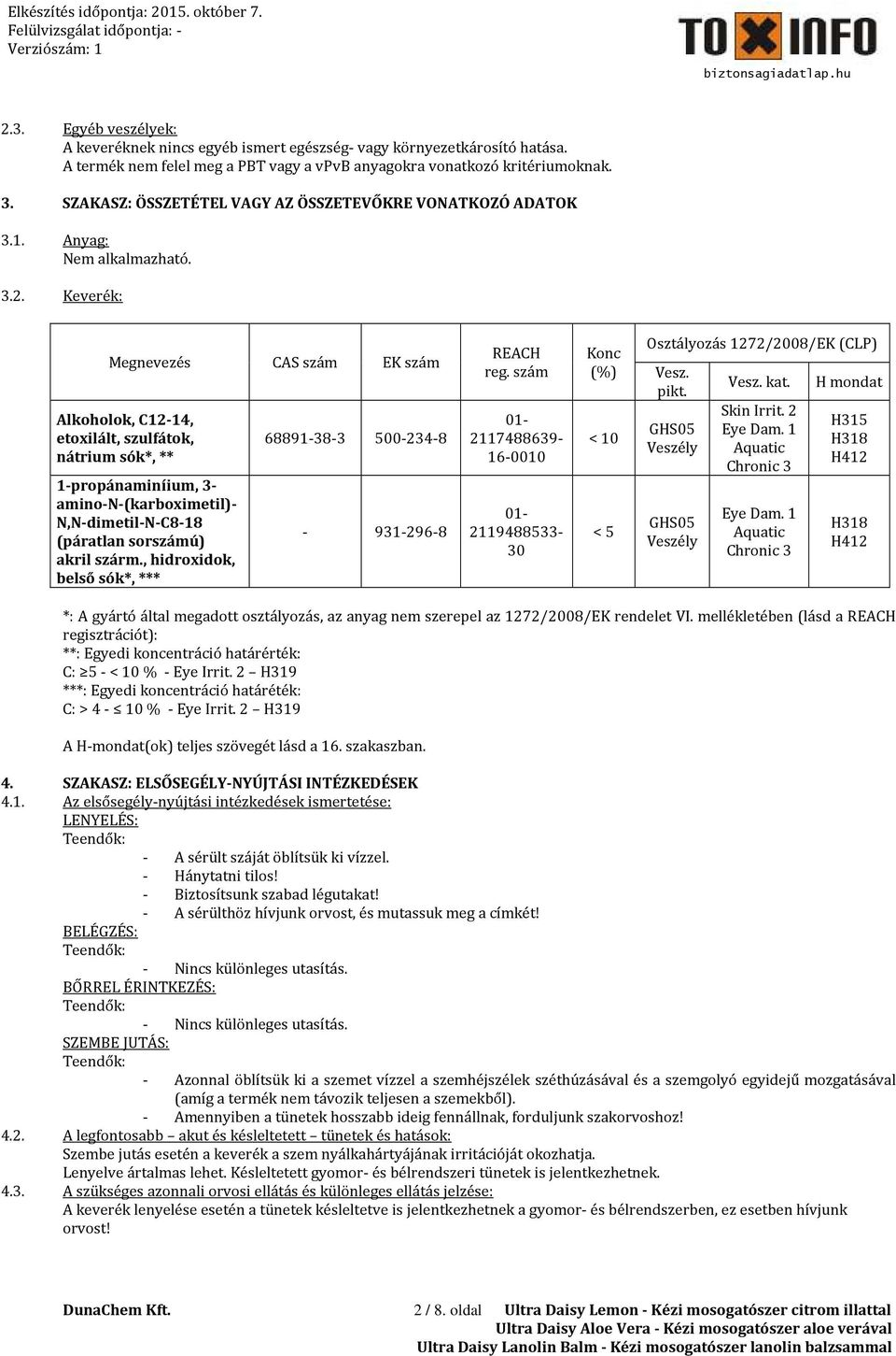 Keverék: Megnevezés CAS szám EK szám Alkoholok, C12-14, etoxilált, szulfátok, nátrium sók*, ** 1-propánaminíium, 3- amino-n-(karboximetil)- N,N-dimetil-N-C8-18 (páratlan sorszámú) akril szárm.