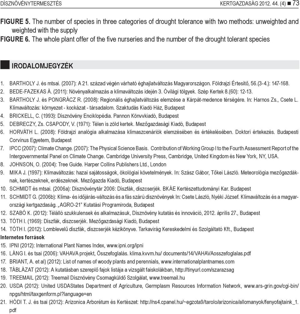 Földrajzi Értesítő, 56.(3-4.): 147-168. 2. BEDE-FAZEKAS Á. (2011): Növényalkalmazás a klímaváltozás idején 3. Óvilági tölgyek. Szép Kertek 8.(60): 12-13. 3. BARTHOLY J. és PONGRÁCZ R.