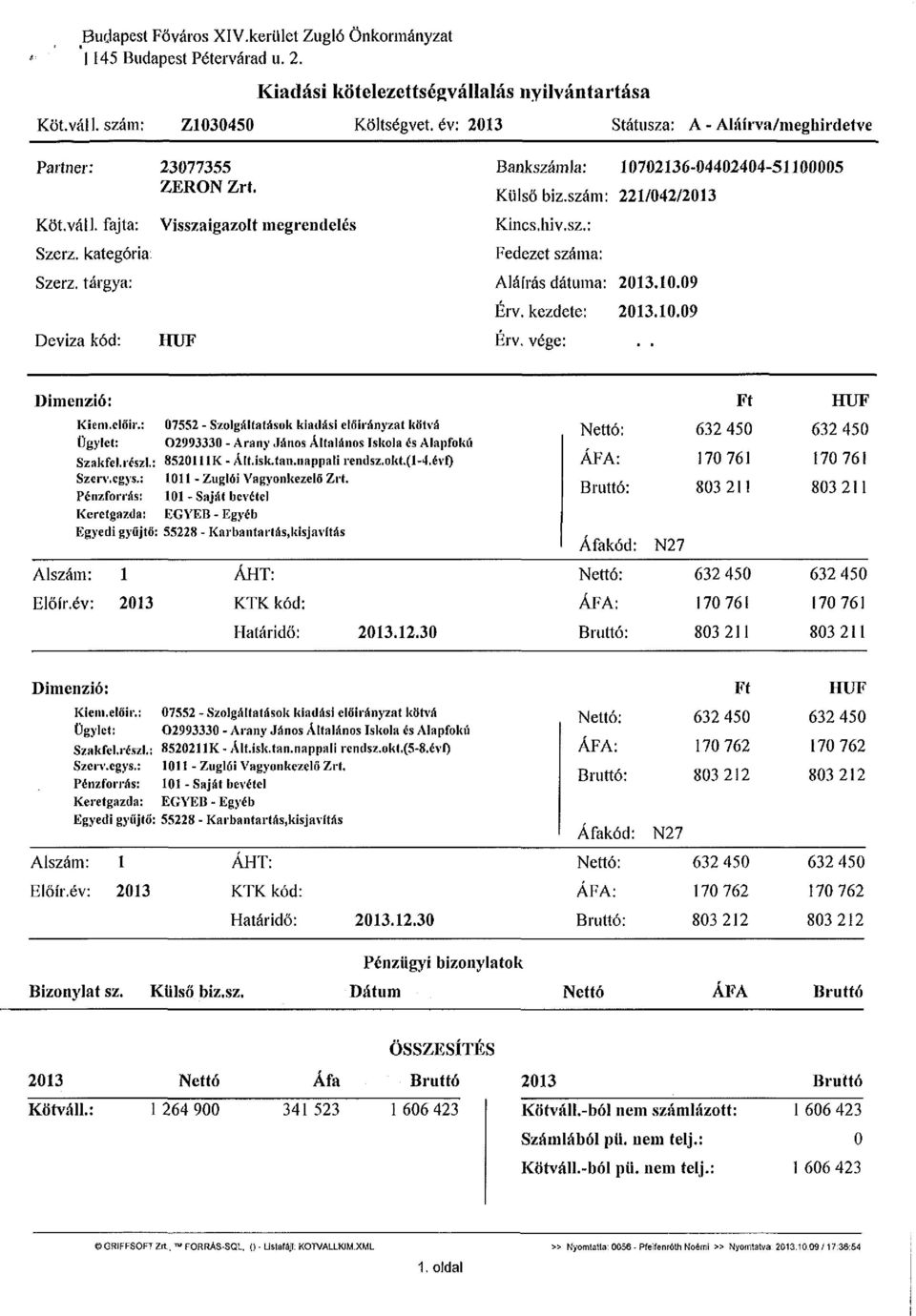 Visszaigazolt megrendelés HUF Bankszámla: 10702136-04402404-51100005 Külső biz.szám: 221/042/2013 Kincs.hív.sz.: Fedezet száma: Aláírás dátuma: 2013.10.09 Érv. kezdete: 2013.10.09 Érv. vége: Dimenzió: Kiem.