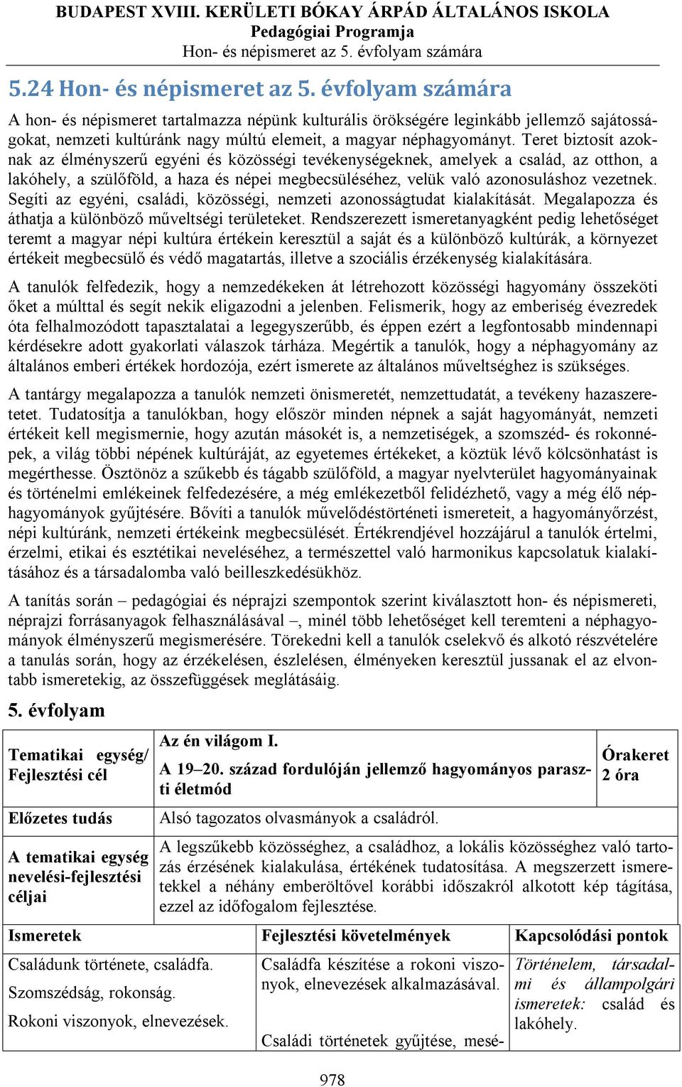 Segíti az egyéni, családi, közösségi, nemzeti azonosságtudat kialakítását. Megalapozza és áthatja a különböző műveltségi területeket.