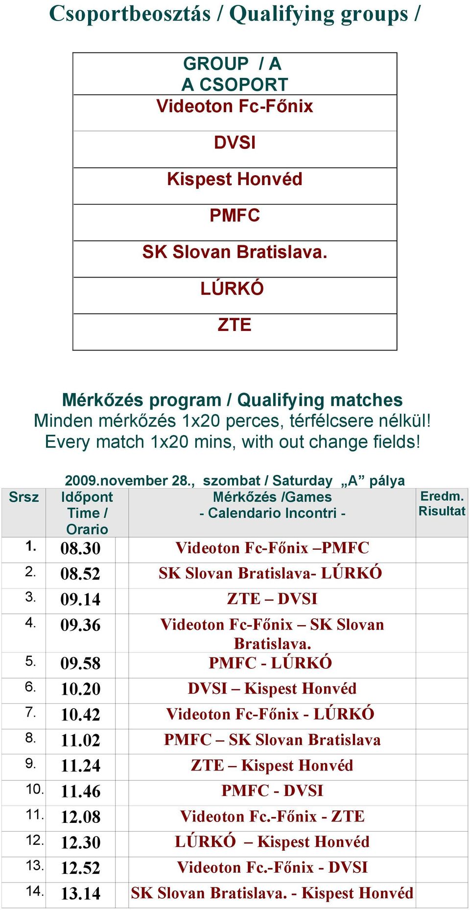 2009november 28, szombat / Saturday A pálya Srsz Időpont Time / Orario Mérkőzés /ames - Calendario Incontri - 1 0830 Videoton Fc-Főnix PMFC 2 0852 SK Slovan Bratislava- LÚRKÓ 3 0914 ZTE DVSI 4 0936