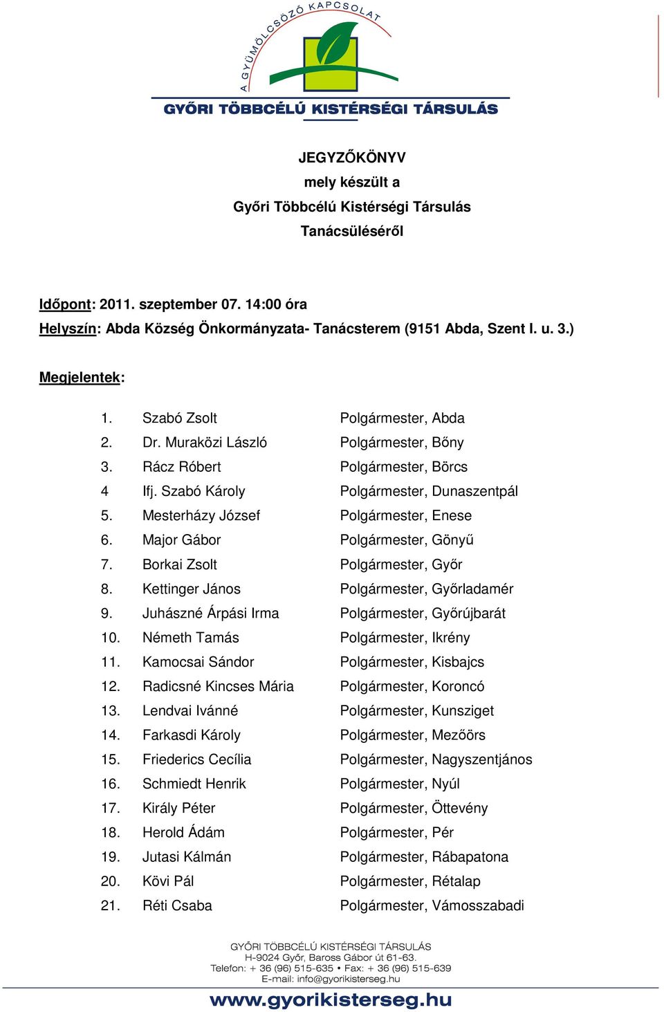 Mesterházy József Polgármester, Enese 6. Major Gábor Polgármester, Gönyű 7. Borkai Zsolt Polgármester, Győr 8. Kettinger János Polgármester, Győrladamér 9.