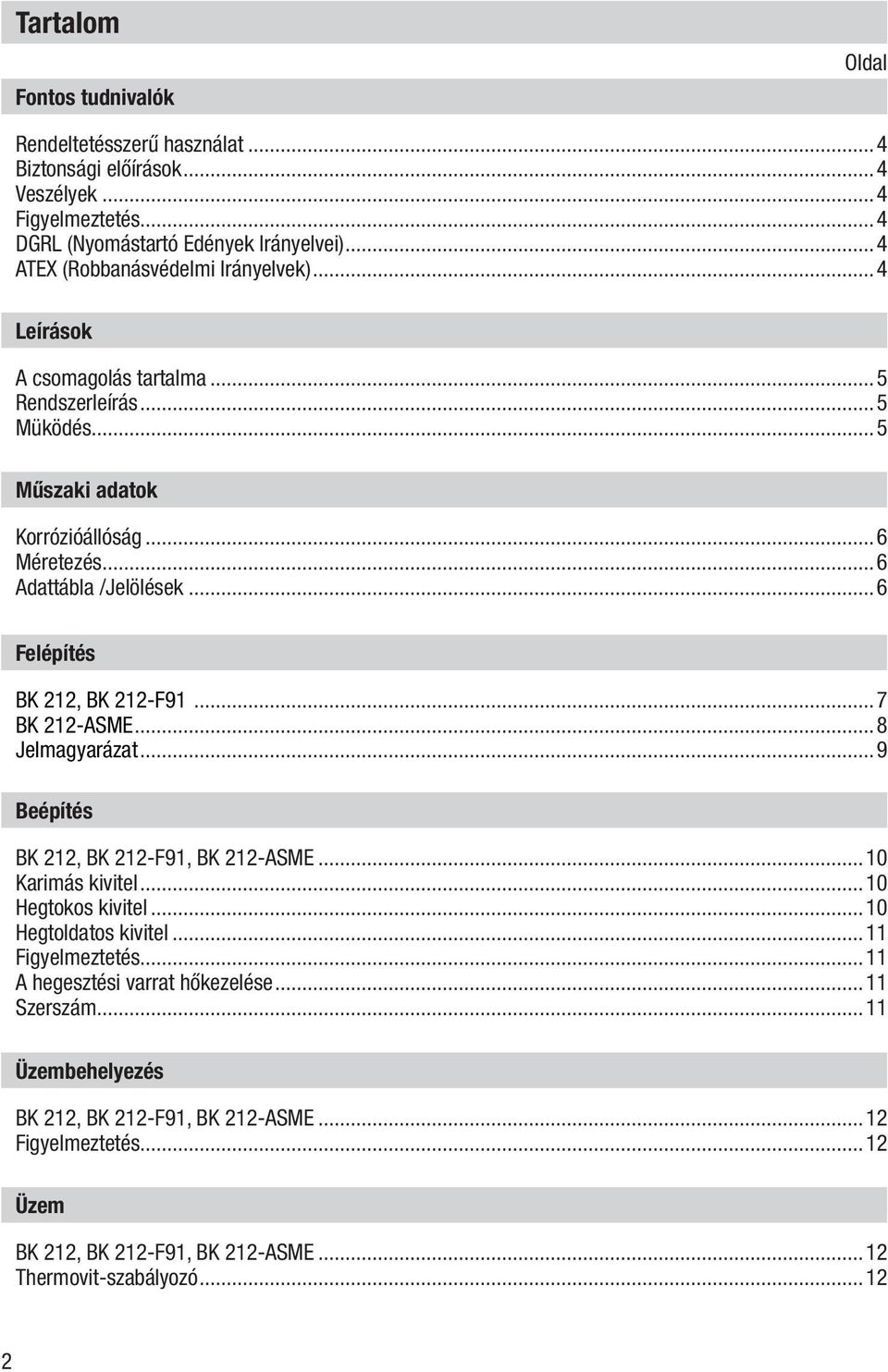 ..6 Felépítés BK 212, BK 212-F91...7 BK 212-ASME...8 Jelmagyarázat...9 Beépítés BK 212, BK 212-F91, BK 212-ASME...10 Karimás kivitel...10 Hegtokos kivitel...10 Hegtoldatos kivitel.