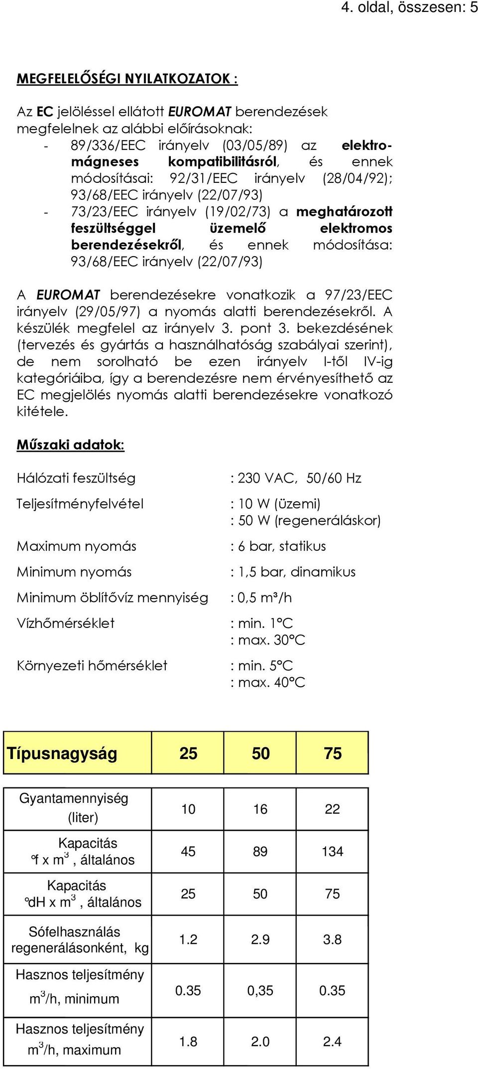 módosítása: 3/6/EEC irányelv (22/0/3) A EUROMAT berendezésekre vonatkozik a /23/EEC irányelv (2/05/) a nyomás alatti berendezésekről. A készülék megfelel az irányelv 3. pont 3.