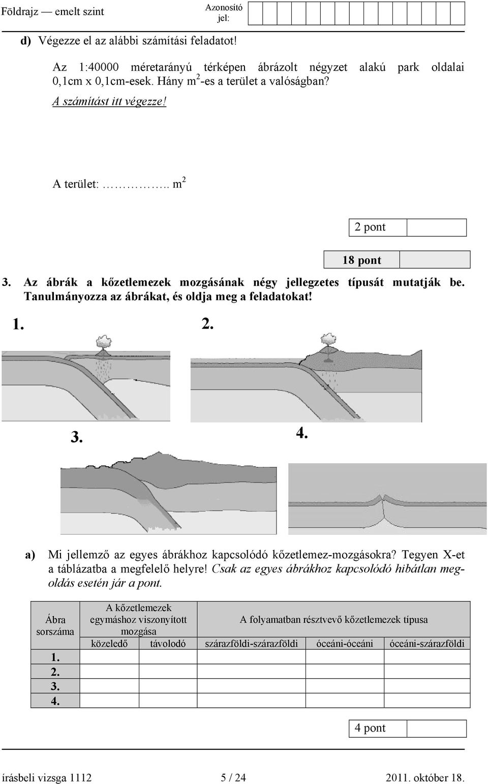 a) Mi jellemző az egyes ábrákhoz kapcsolódó kőzetlemez-mozgásokra? Tegyen X-et a táblázatba a megfelelő helyre! Csak az egyes ábrákhoz kapcsolódó hibátlan megoldás esetén jár a pont. Ábra sorszáma 1.