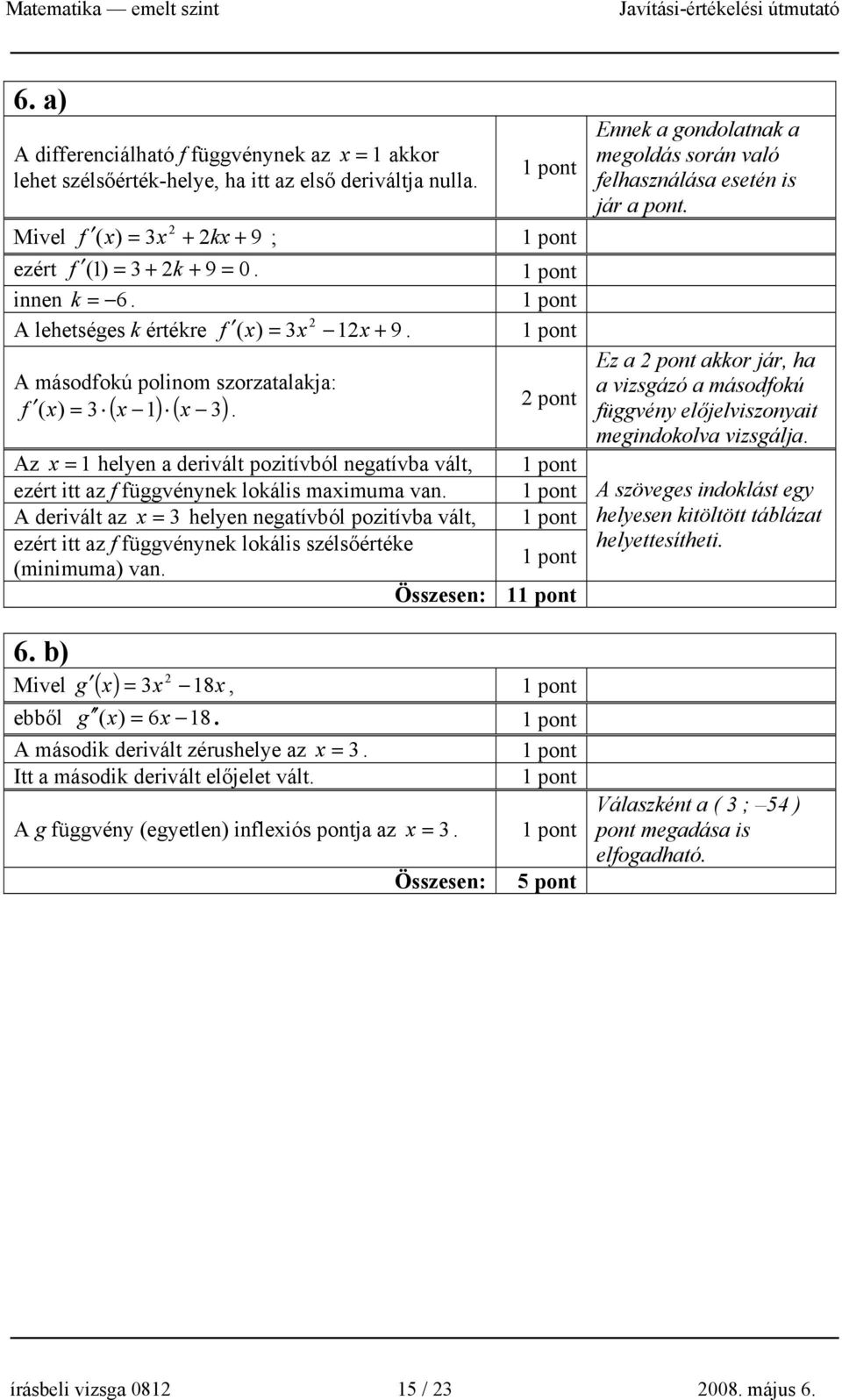 ( ) ( ) pont Az x = 1 helyen a derivált pozitívból negatívba vált, ezért itt az f függvénynek lokális maximuma van.