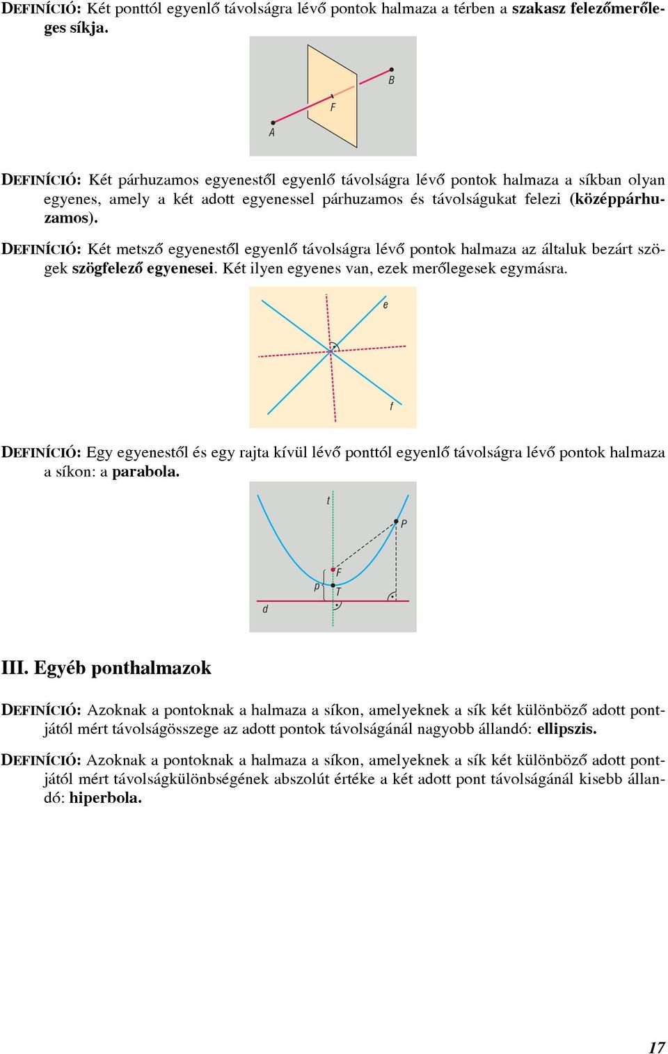 DEFINÍCIÓ: Két metszõ egyenestõl egyenlõ távolságr lévõ pontok hlmz z áltluk ezárt szögek szögfelezõ egyenesei. Két ilyen egyenes vn, ezek merõlegesek egymásr.