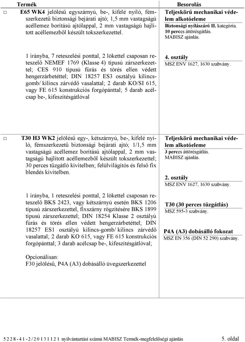 1 irányba, 7 reteszelési ponttal, 2 lökettel csaposan reteszelő NEMEF 1769 (Klasse 4) típusú zárszerkezettel; CES 910 típusú fúrás és törés ellen védett hengerzárbetéttel; DIN 18257 ES3 osztályú