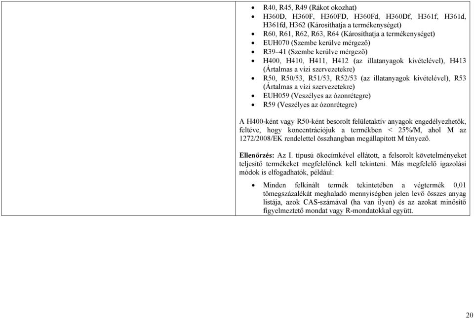 R53 (Ártalmas a vízi szervezetekre) EUH059 (Veszélyes az ózonrétegre) R59 (Veszélyes az ózonrétegre) A H400-ként vagy R50-ként besorolt felületaktív anyagok engedélyezhetők, feltéve, hogy