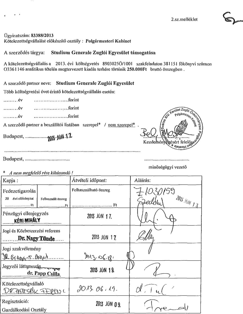 évi költségvetés 8903025Ö/I001 szakfeladaton 381151 főkönyvi számon 03361146 analitikus tételén megtervezett kiadás terhére történik 250.000Ft bruttó összegben.