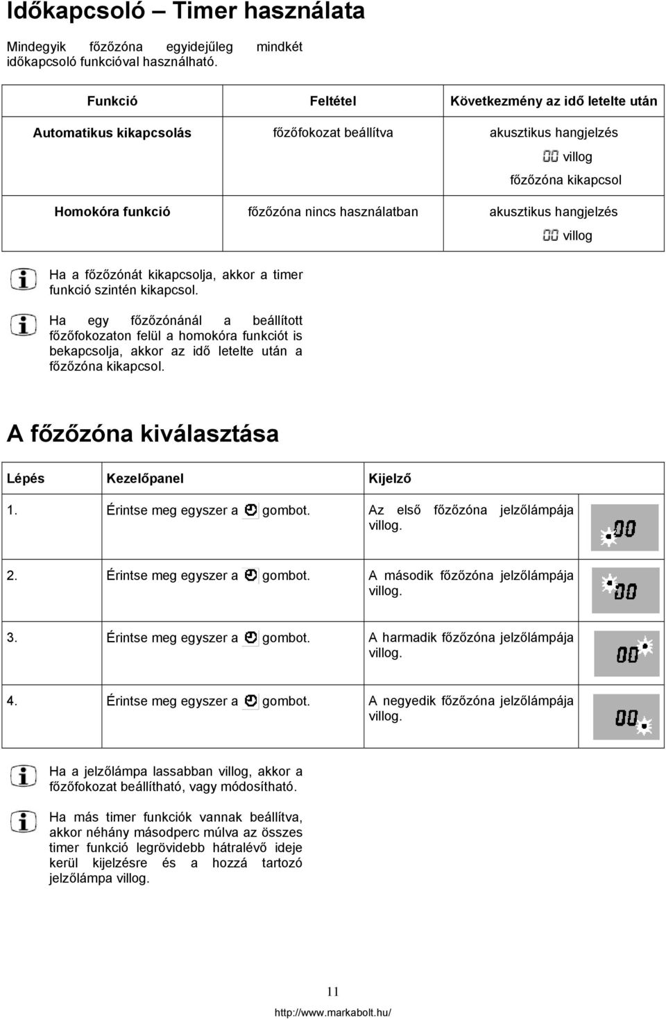 hangjelzés villog Ha a főzőzónát kikapcsolja, akkor a timer funkció szintén kikapcsol.