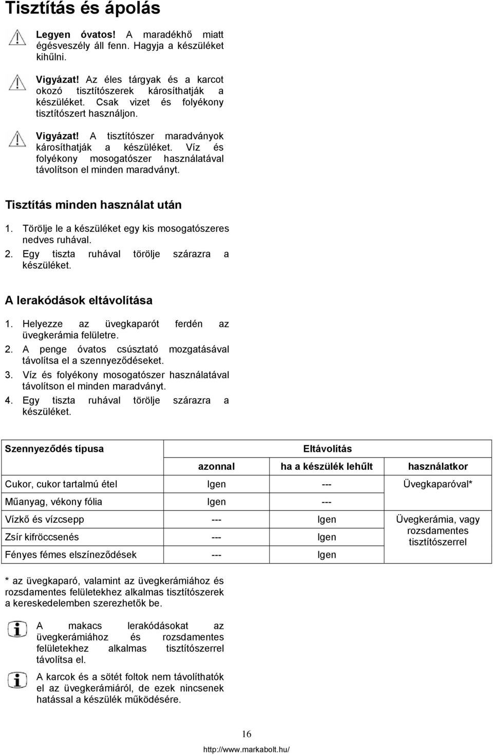 Tisztítás minden használat után 1. Törölje le a készüléket egy kis mosogatószeres nedves ruhával. 2. Egy tiszta ruhával törölje szárazra a készüléket. A lerakódások eltávolítása 1.