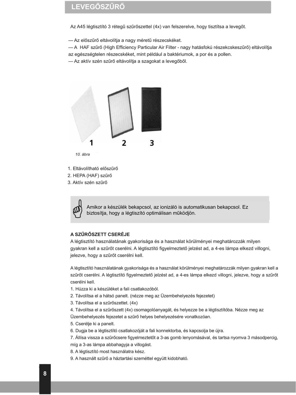 Az aktív szén szűrő eltávolítja a szagokat a levegőből. 10. ábra 1. Eltávolítható előszűrő 2. HEPA (HAF) szűrő 3. Aktív szén szűrő Amikor a készülék bekapcsol, az ionizáló is automatikusan bekapcsol.