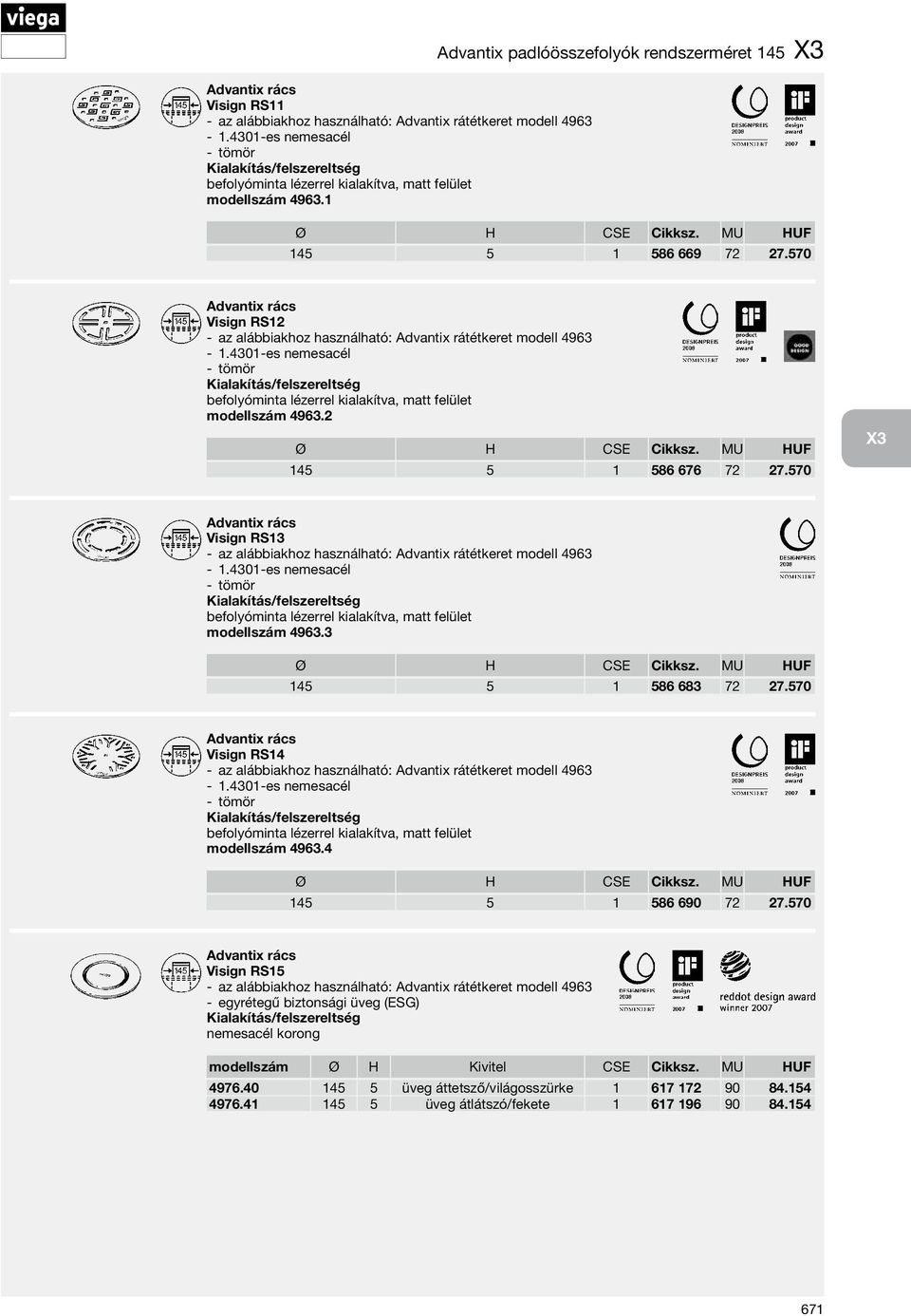 4301-es nemesacél tömör befolyóminta lézerrel kialakítva, matt felület modellszám 4963.2 Ø H CSE Cikksz. MU HUF 145 5 1 586 676 72 27.