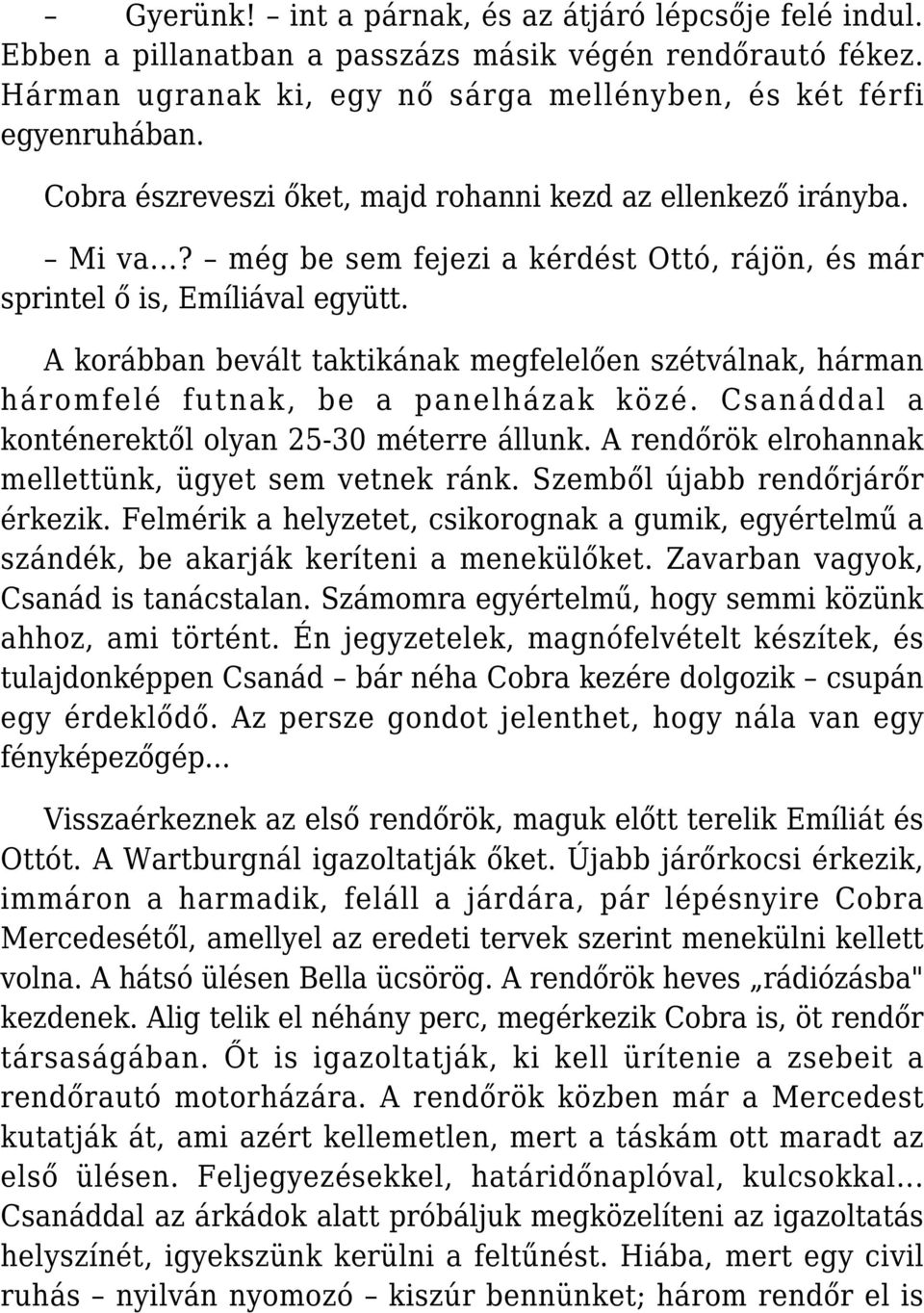 A korábban bevált taktikának megfelelően szétválnak, hárman háromfelé futnak, be a panelházak közé. Csanáddal a konténerektől olyan 25-30 méterre állunk.