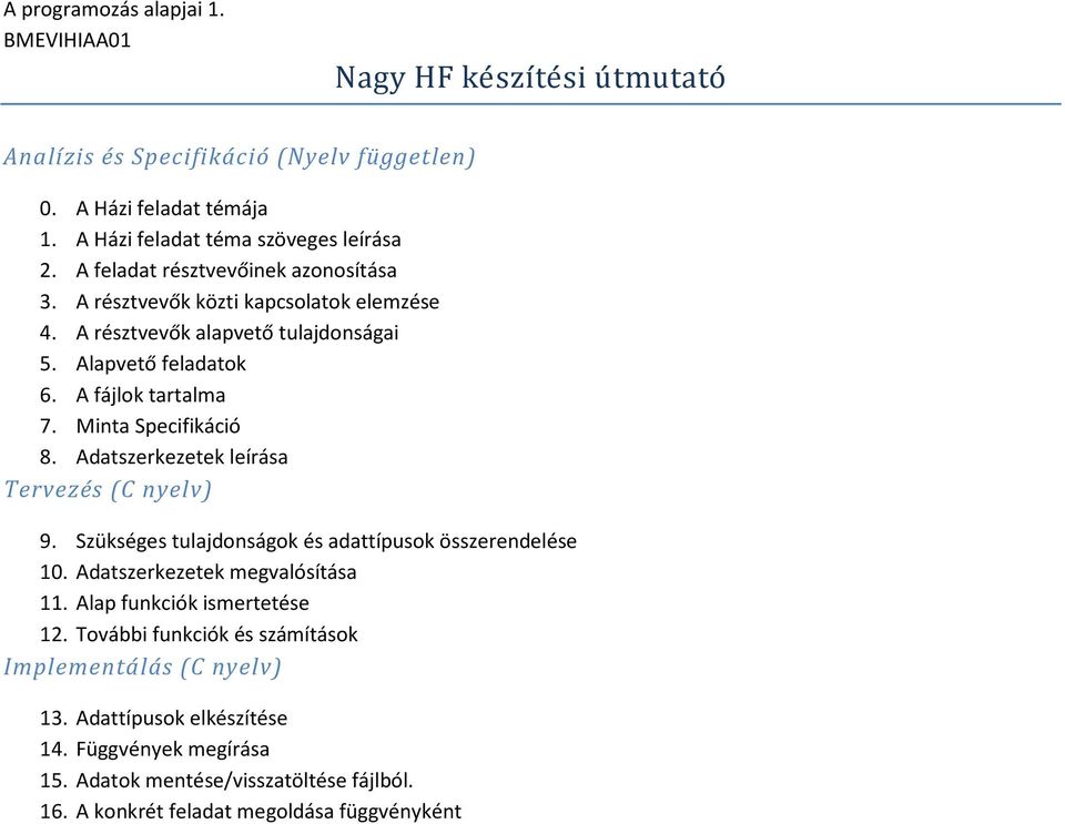 Minta Specifikáció 8. Adatszerkezetek leírása Tervezés (C nyelv) 9. Szükséges tulajdonságok és adattípusok összerendelése 10. Adatszerkezetek megvalósítása 11.