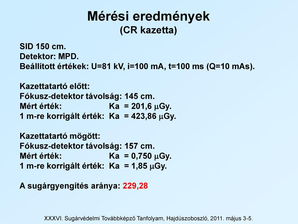 1 m-re korrigált érték: Ka = 423,86 Gy. Kazettatartó mögött: Fókusz-detektor távolság: 157 cm.