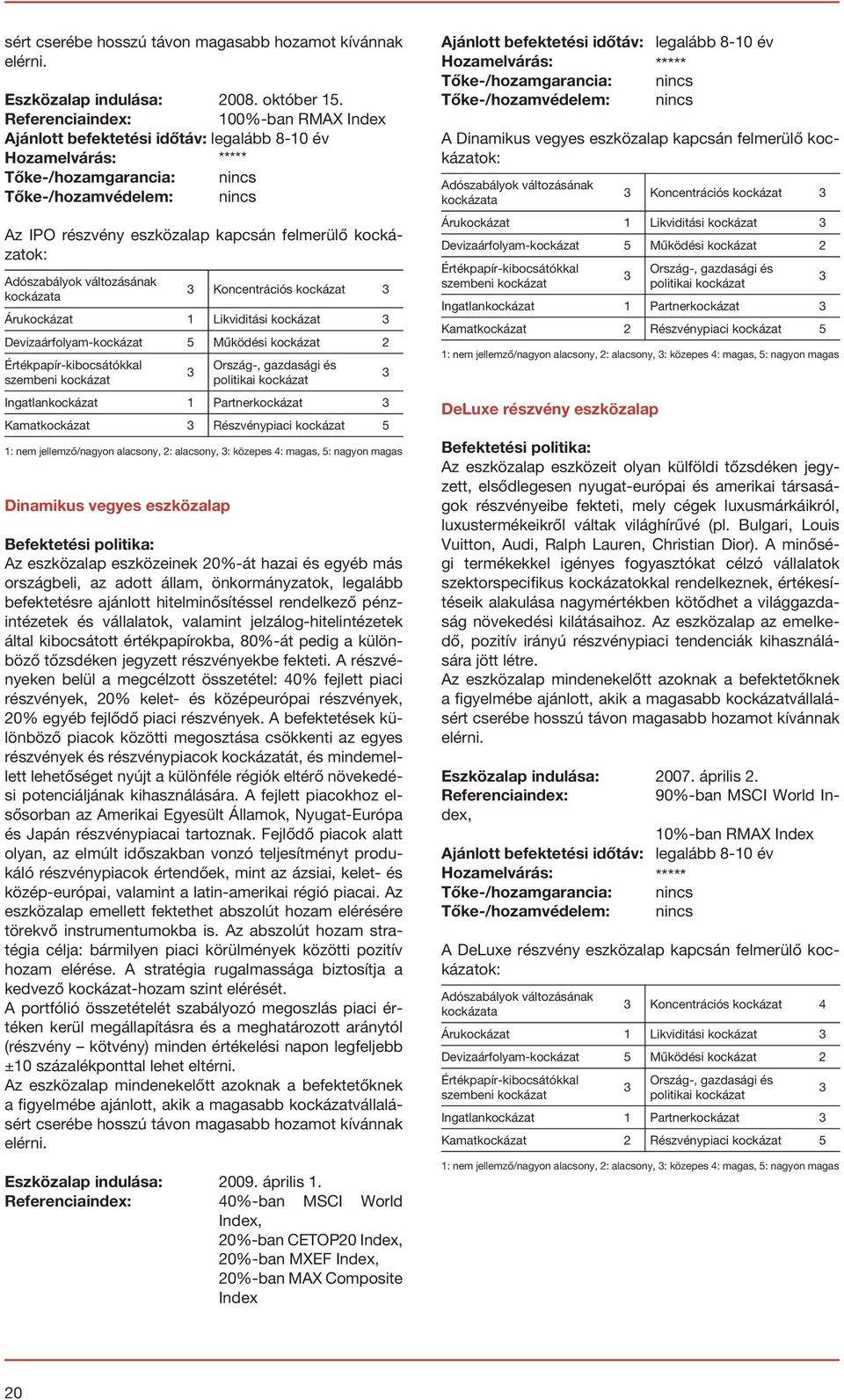 kockázat Devizaárfolyam-kockázat 5 Működési kockázat Ingatlankockázat 1 Partnerkockázat Kamatkockázat Részvénypiaci kockázat 5 1: nem jellemző/nagyon alacsony, : alacsony, : közepes 4: magas, 5: