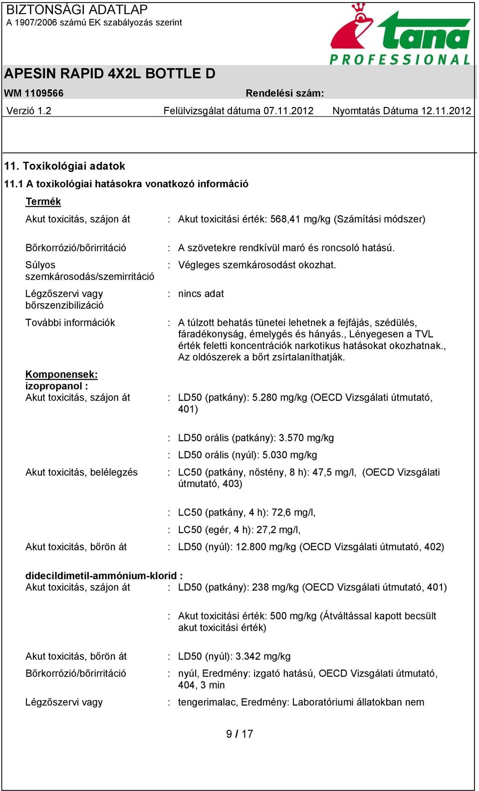 Légzőszervi vagy bőrszenzibilizáció További információk Komponensek: izopropanol : Akut toxicitás, szájon át : A szövetekre rendkívül maró és roncsoló hatású. : Végleges szemkárosodást okozhat.