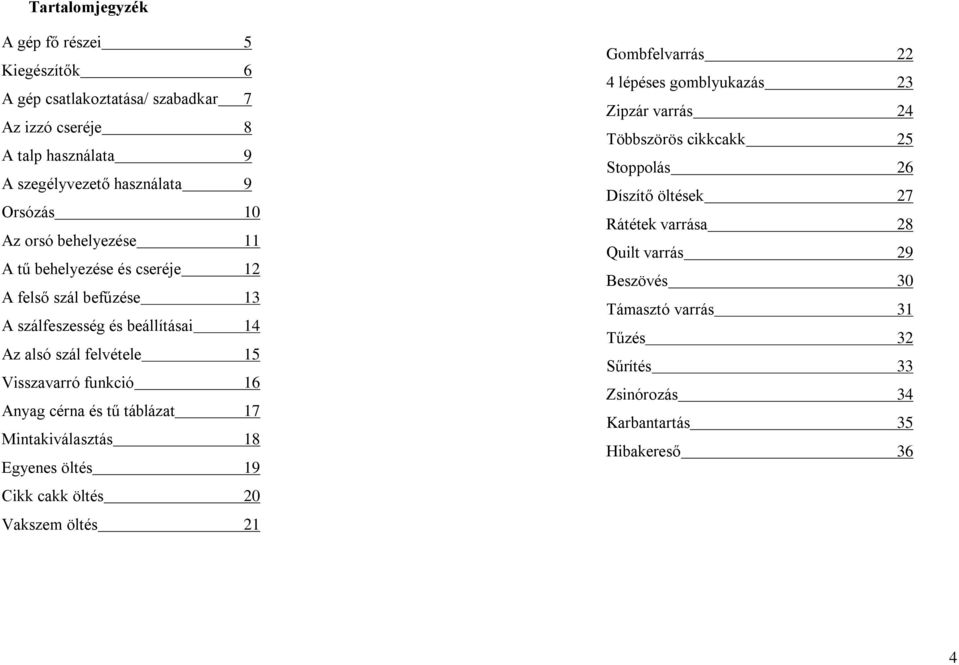 cérna és tű táblázat 17 Mintakiválasztás 18 Egyenes öltés 19 Cikk cakk öltés 20 Vakszem öltés 21 Gombfelvarrás 22 4 lépéses gomblyukazás 23 Zipzár varrás 24 Többszörös