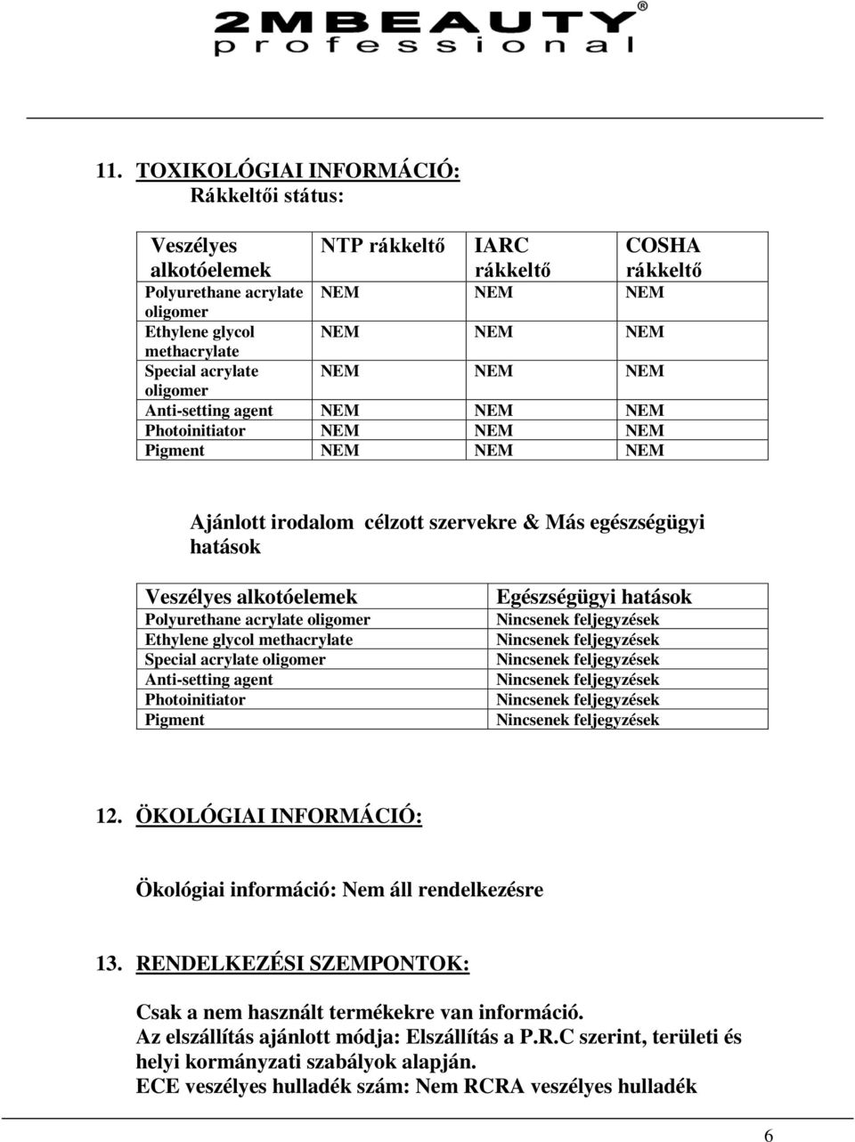 alkotóelemek Polyurethane acrylate oligomer Ethylene glycol methacrylate Special acrylate oligomer Anti-setting agent Photoinitiator Pigment Egészségügyi hatások 12.