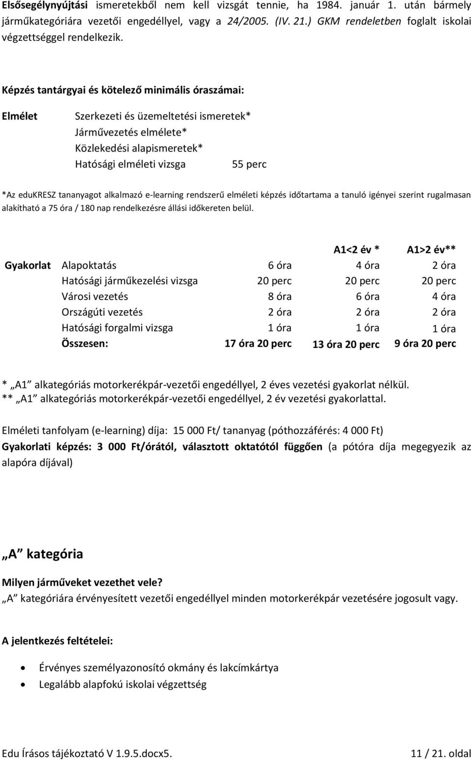 Képzés tantárgyai és kötelező minimális óraszámai: Elmélet Szerkezeti és üzemeltetési ismeretek* Járművezetés elmélete* Közlekedési alapismeretek* Hatósági elméleti vizsga 55 perc *Az edukresz