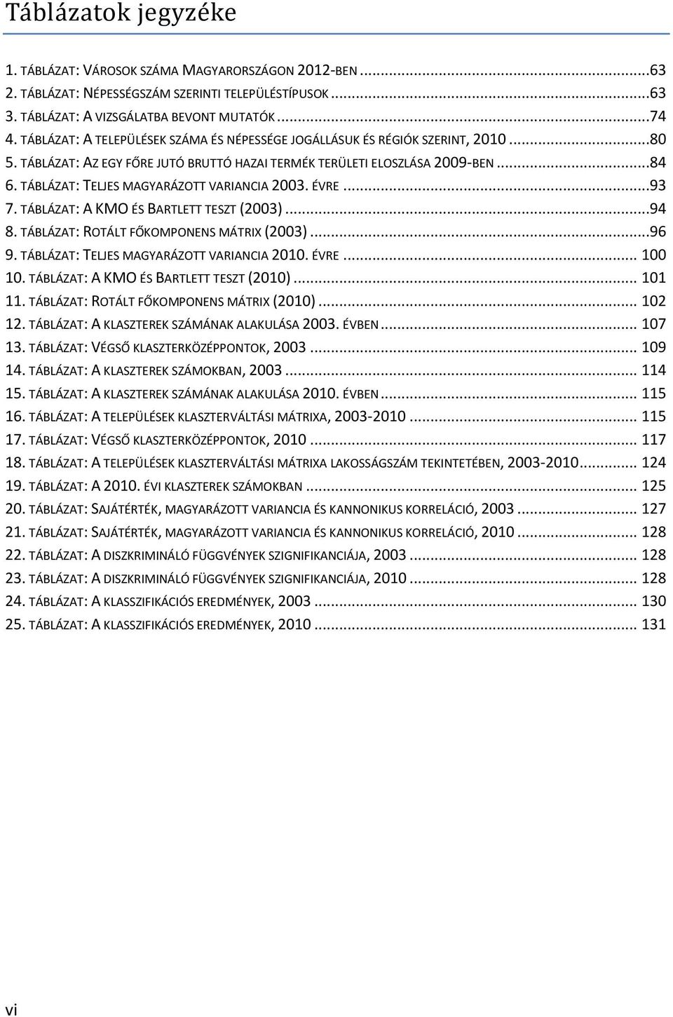 TÁBLÁZAT: TELJES MAGYARÁZOTT VARIANCIA 2003. ÉVRE...93 7. TÁBLÁZAT: A KMO ÉS BARTLETT TESZT (2003)...94 8. TÁBLÁZAT: ROTÁLT FŐKOMPONENS MÁTRIX (2003)...96 9.