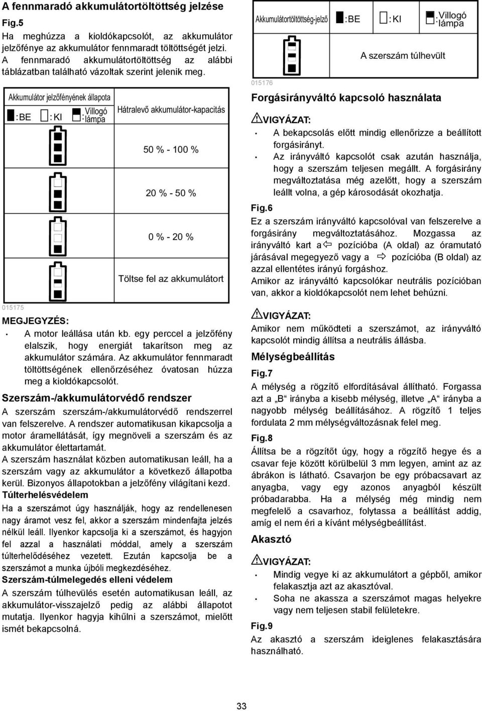 Akkumulátor jelzőfényének állapota Villogó Hátralevő akkumulátor-kapacitás BE KI lámpa 0575 50 % - 00 % 0 % - 50 % 0 % - 0 % Töltse fel az akkumulátort A motor leállása után kb.