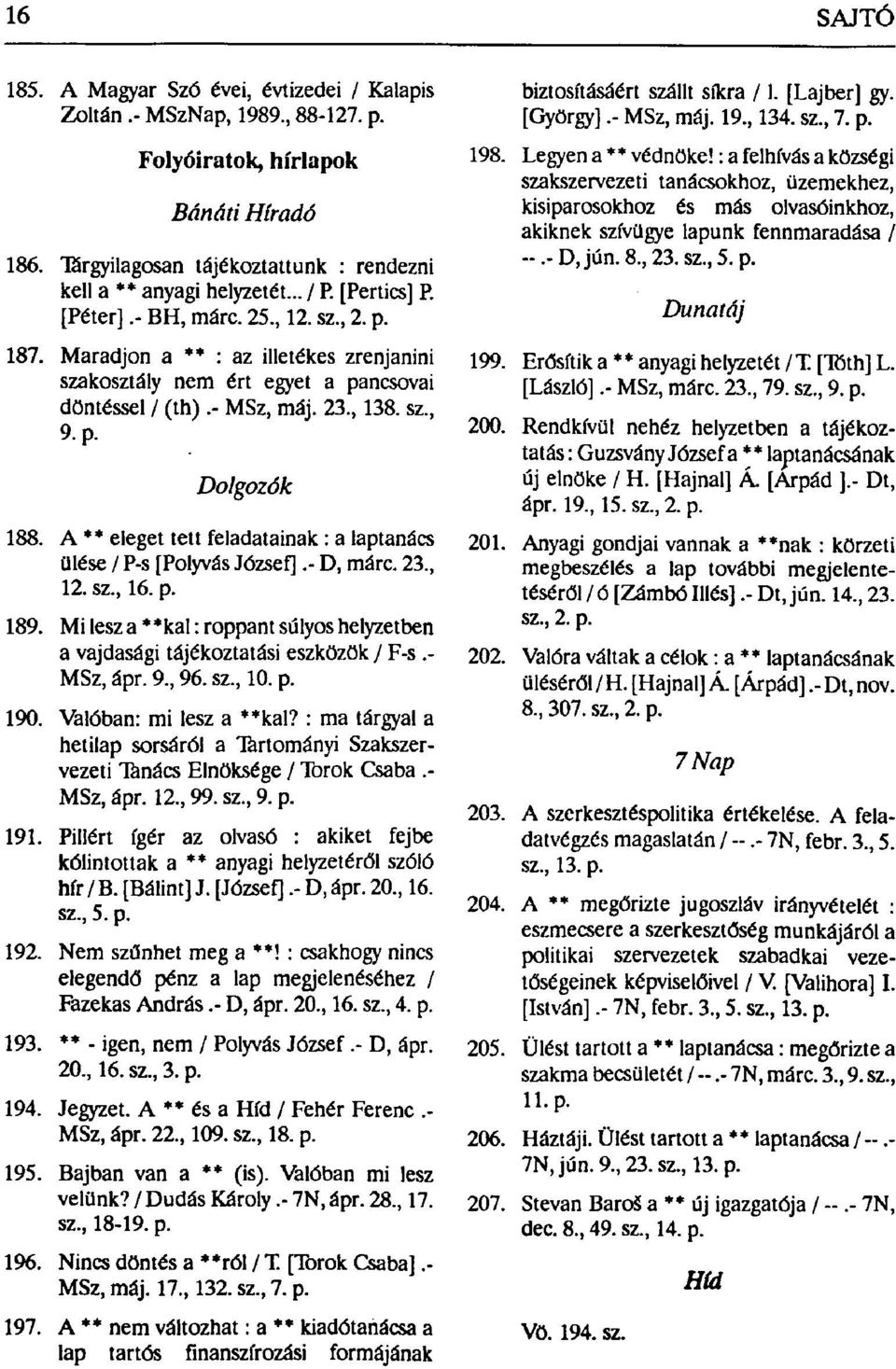 A ** eleget tett feladatainak: a laptanács ülése / P-s [Polyvás József].- D, márc. 23, 12. sz, 16. p. 189. Mi lesz a **kal: roppant súlyos helyzetben a vajdasági tájékoztatási eszközök / F-s.