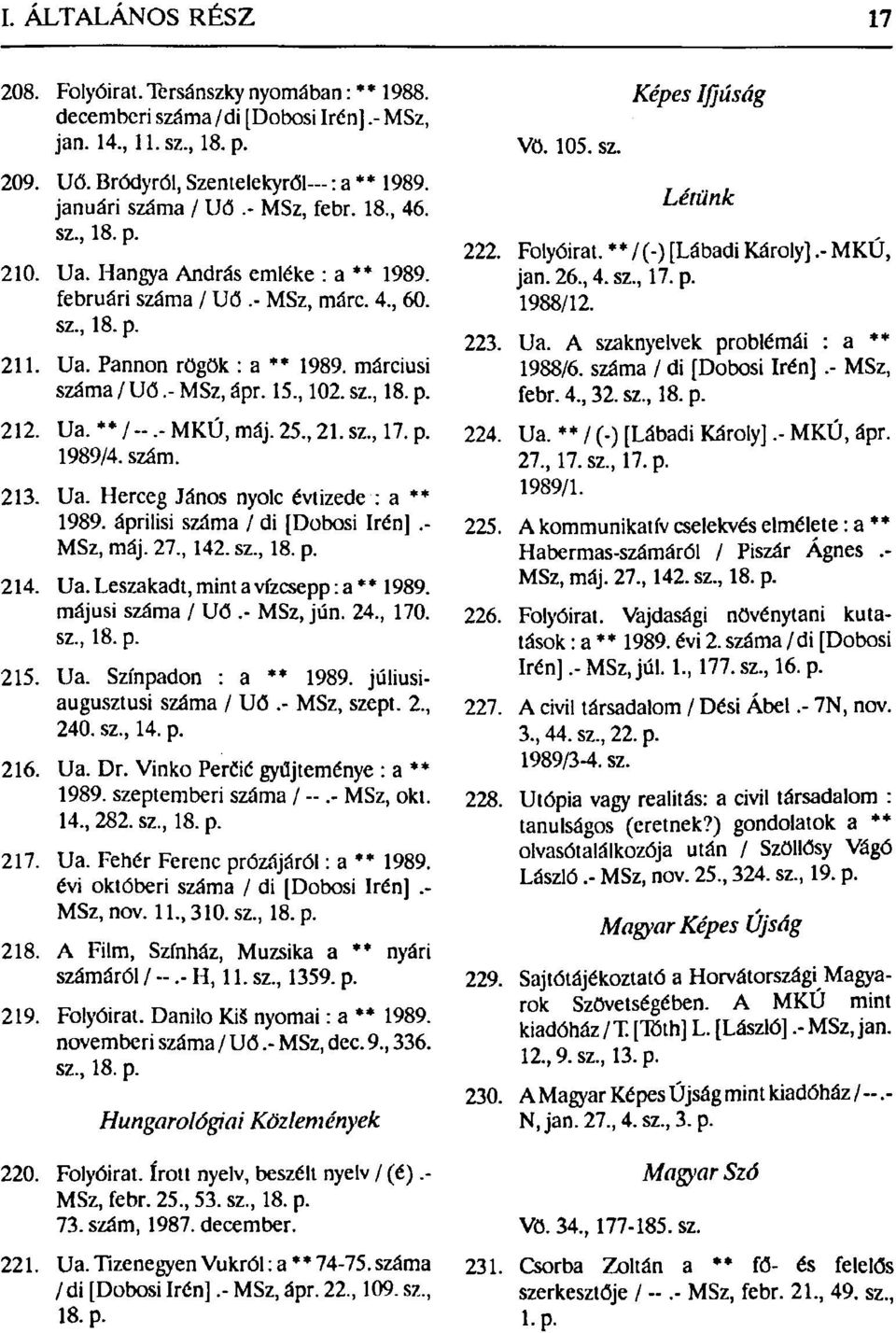 Ua. ** /-- MKÚ, máj. 25., 21. sz., 17. p. 1989/4. szám. 213. Ua. Herceg János nyolc évtizede : a ** 1989. áprilisi száma / di [Dobosi Irén].- MSz, máj. 27., 142. sz., 18. p. 214. Ua. Leszakadt, mint a vízcsepp: a** 1989.