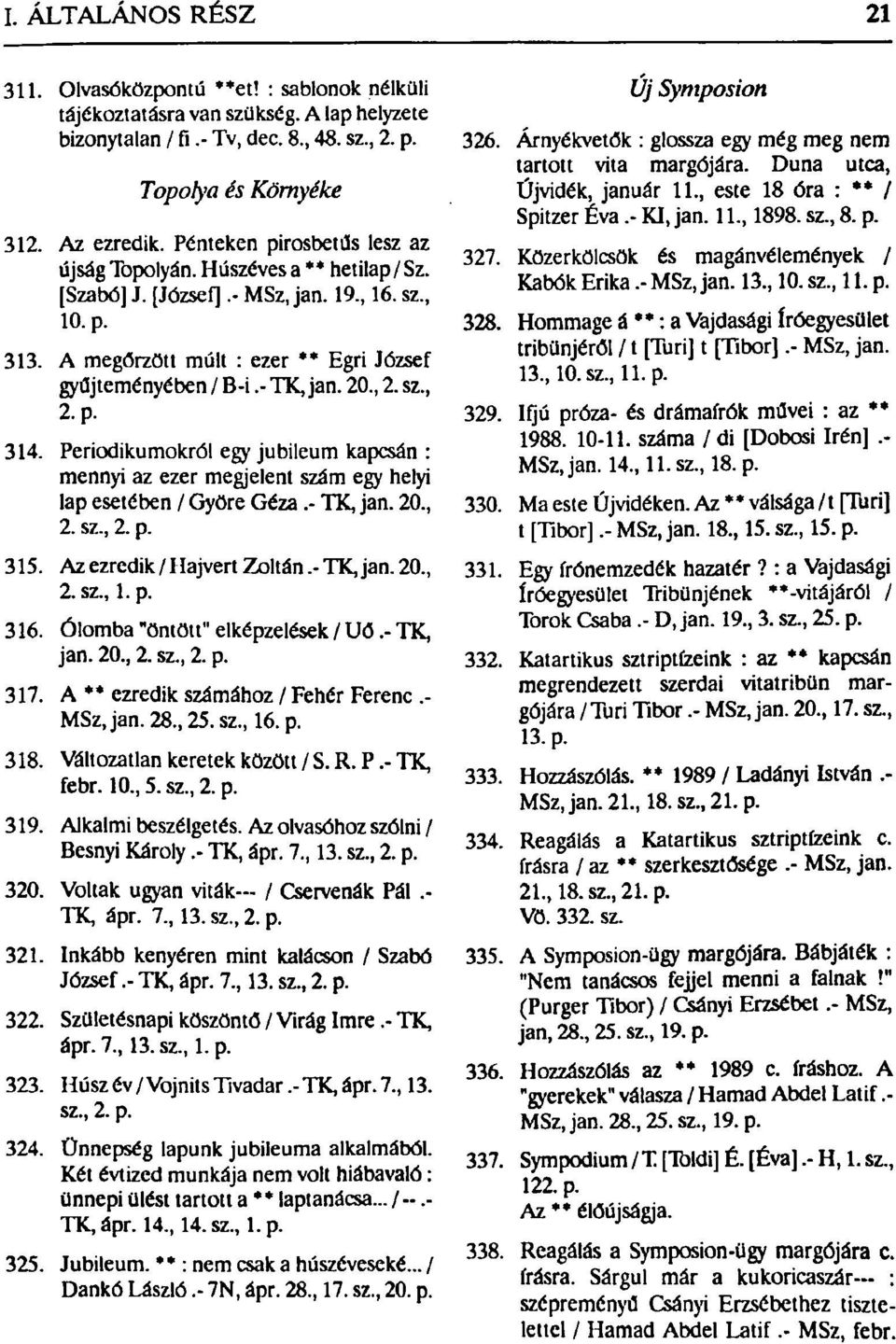 20, 2. sz, 2.p. 314. Periodikumokról egy jubileum kapcsán : mennyi az ezer megjelent szám egy helyi lap esetében / Györe Géza.- TK, jan. 20, 2. sz, 2. p. 315. Az ezredik / Hajvert Zoltán.- TK, jan. 20, 2. sz, 1.