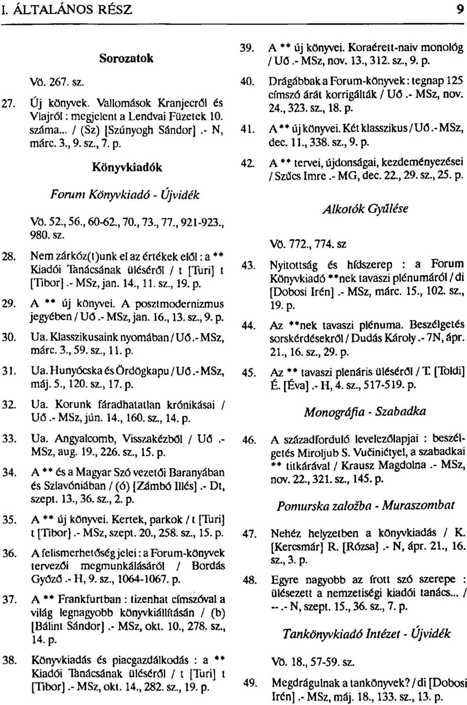 - MSz, jan. 14., 11. sz., 19. p. 29. A ** új könyvei. A posztmodernizmus jegyében / Uő.- MSz, jan. 16., 13. sz., 9. p. 30. Ua. Klasszikusaink nyomában/uő.-msz, márc. 3., 59. sz., 11. p. 31. Ua. Hunyócska és Ördögkapu /Uő.