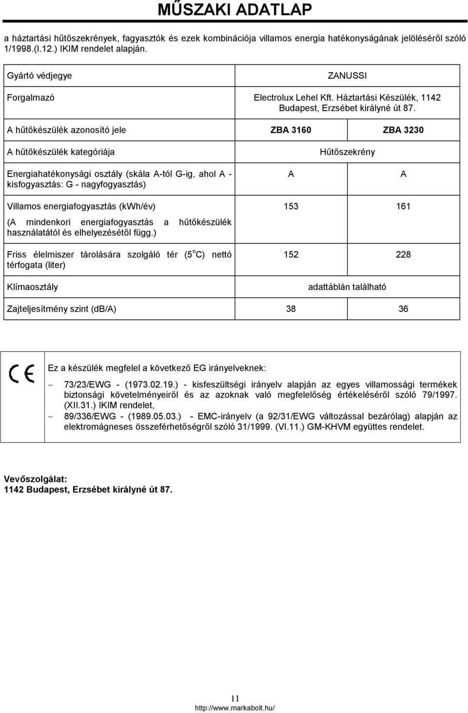 A hűtőkészülék azonosító jele ZBA 3160 ZBA 3230 A hűtőkészülék kategóriája Hűtőszekrény Energiahatékonysági osztály (skála A-tól G-ig, ahol A - kisfogyasztás: G - nagyfogyasztás) A A Villamos