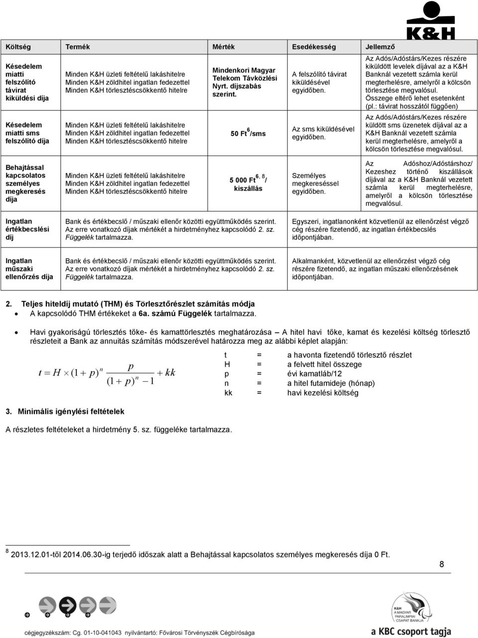 Az Adós/Adóstárs/Kezes részére kiküldött levelek díjával az a K&H Banknál vezetett számla kerül megterhelésre, amelyről a kölcsön törlesztése megvalósul. Összege eltérő lehet esetenként (pl.