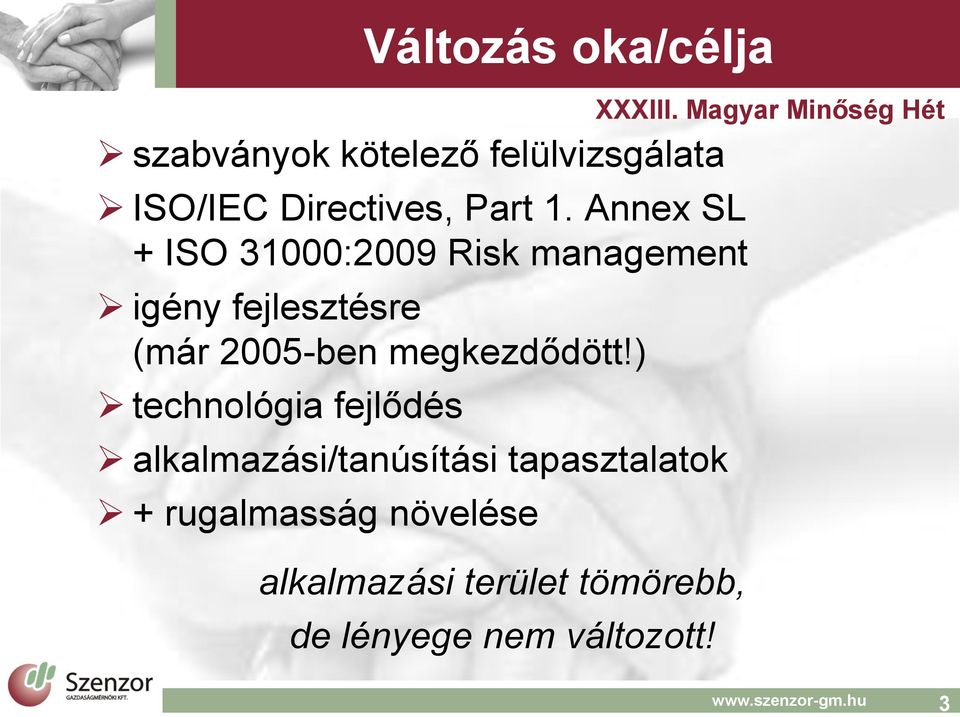 Annex SL + ISO 31000:2009 Risk management igény fejlesztésre (már 2005-ben