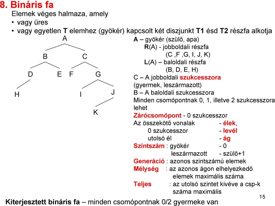 szukcesszora K lehet Zárócsomópont - szukcesszor z összekötő vonalak - élek, szukcesszor - levél utolsó él - ág Szintszám : gyökér - leszármazott - szülő+1 Generáció : azonos