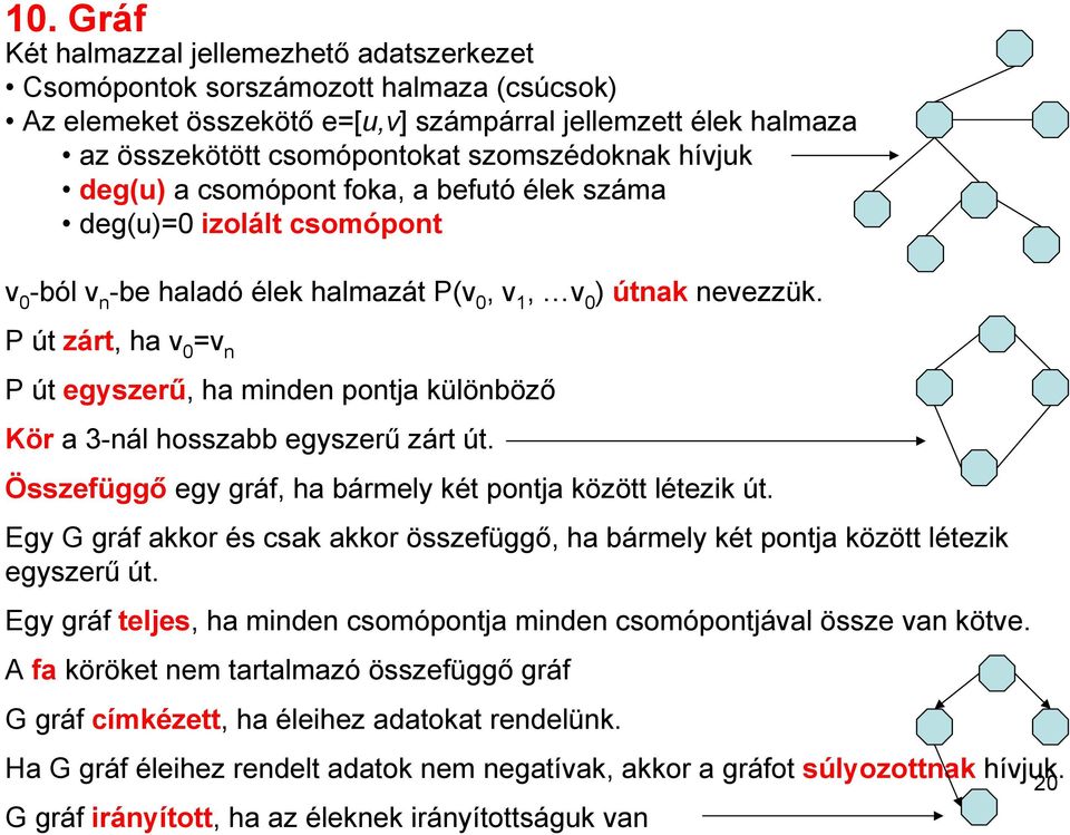 P út zárt, ha v =v n P út egyszerű, ha minden pontja különböző Kör a 3-nál hosszabb egyszerű zárt út. Összefüggő egy gráf, ha bármely két pontja között létezik út.