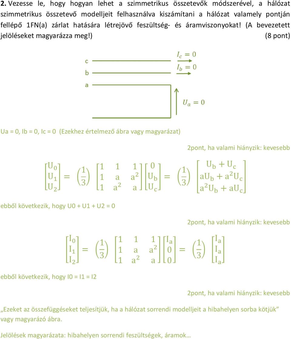 ) (8 pont) Ua = 0, Ib = 0, Ic = 0 (Ezekhez értelmező ábra vagy magyarázat) 2pont, ha valami hiányzik: kevesebb U U 1 1 1 1 0 1 a a U 3 U 1 U U au a U 1 a a U 3 a U au ebből következik, hogy U0 + U1 +