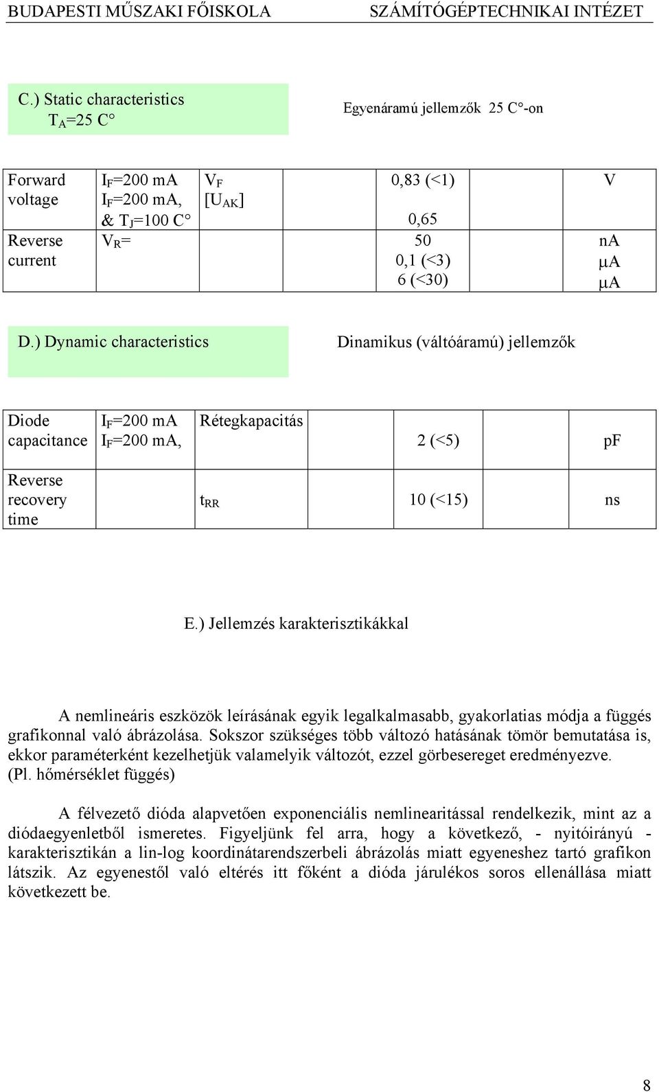 ) Jellemzés karakterisztikákkal A nemlineáris eszközök leírásának egyik legalkalmasabb, gyakorlatias módja a függés grafikonnal való ábrázolása.