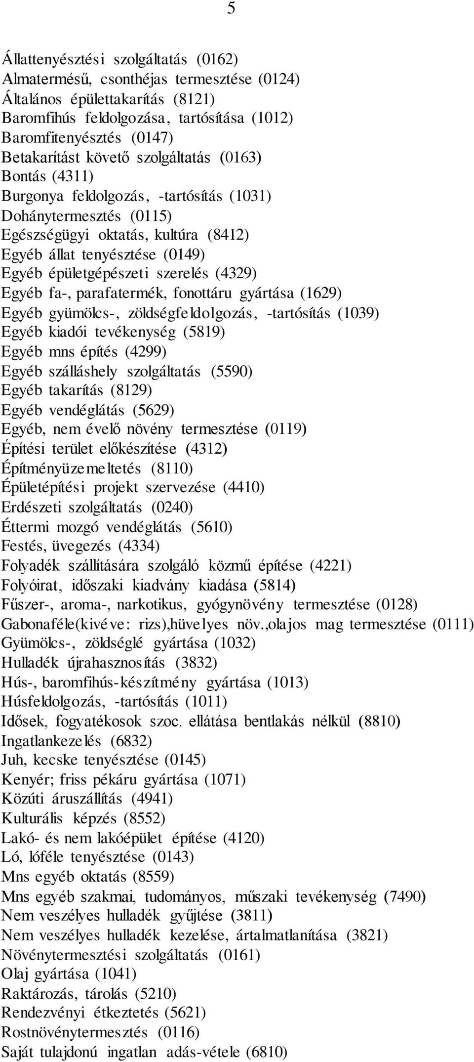 szerelés (4329) Egyéb fa-, parafatermék, fonottáru gyártása (1629) Egyéb gyümölcs-, zöldségfeldolgozás, -tartósítás (1039) Egyéb kiadói tevékenység (5819) Egyéb mns építés (4299) Egyéb szálláshely