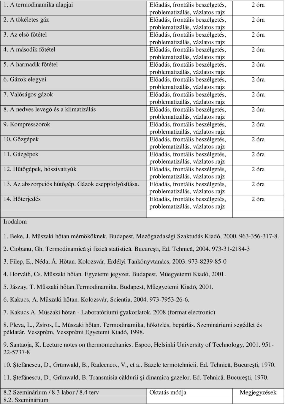 Valóságos gázok Előadás, frontális beszélgetés, 8. A nedves levegő és a klimatizálás Előadás, frontális beszélgetés, 9. Kompresszorok Előadás, frontális beszélgetés, 10.