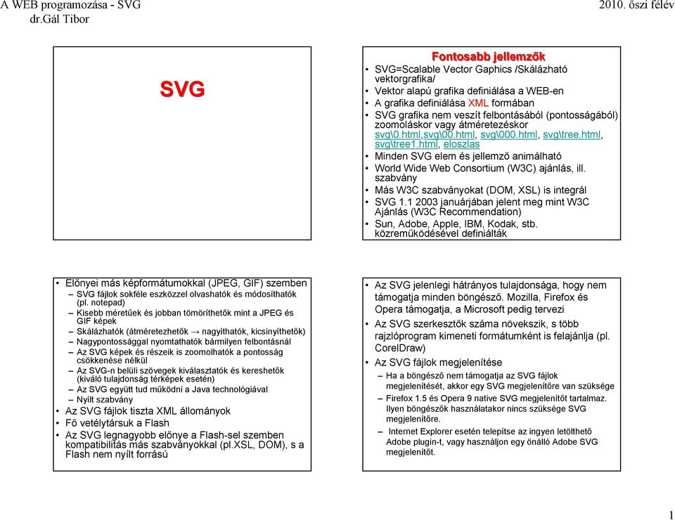 html, eloszlas Minden SVG elem és jellemző animálható World Wide Web Consortium (W3C) ajánlás, ill. szabvány Más W3C szabványokat (DOM, XSL) is integrál SVG 1.